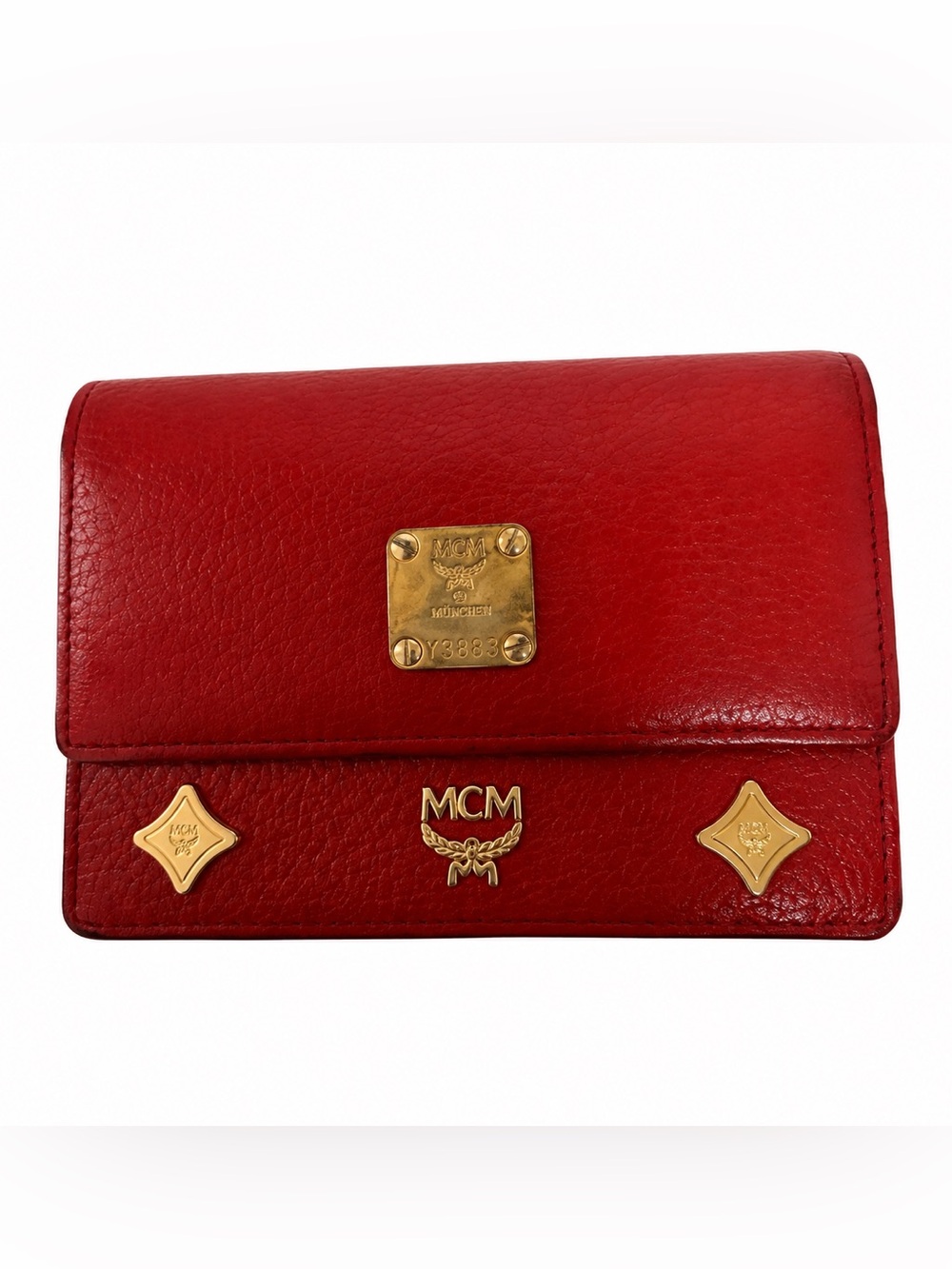 MCM Red Leather Trifold Wallet Gold Logo Hardware Designer Wallet